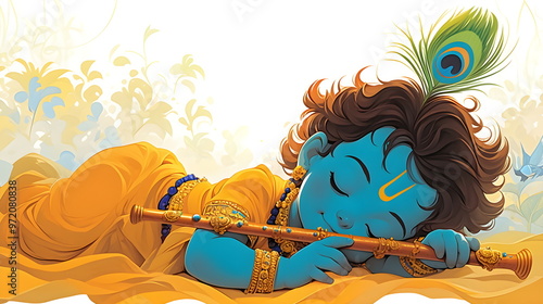 Happy Krishna Janmashtami, Baby Krishna with Lord Krishna with peacock feather and flute photo