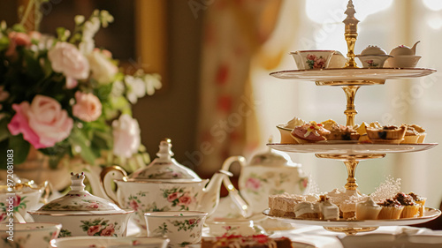 Wallpaper Mural Elegant table setting for tea party with cakes and cupcakes in English manor. Vintage style. Torontodigital.ca