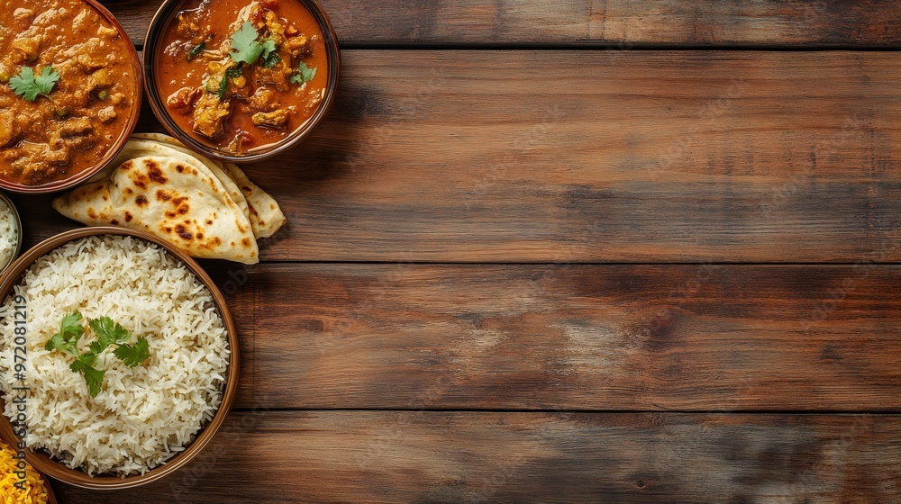 Indian food, chicken curry, rice, naan bread on a wooden background with copy space. Indian food, chicken curry, rice, naan bread on a wooden background with copy space.