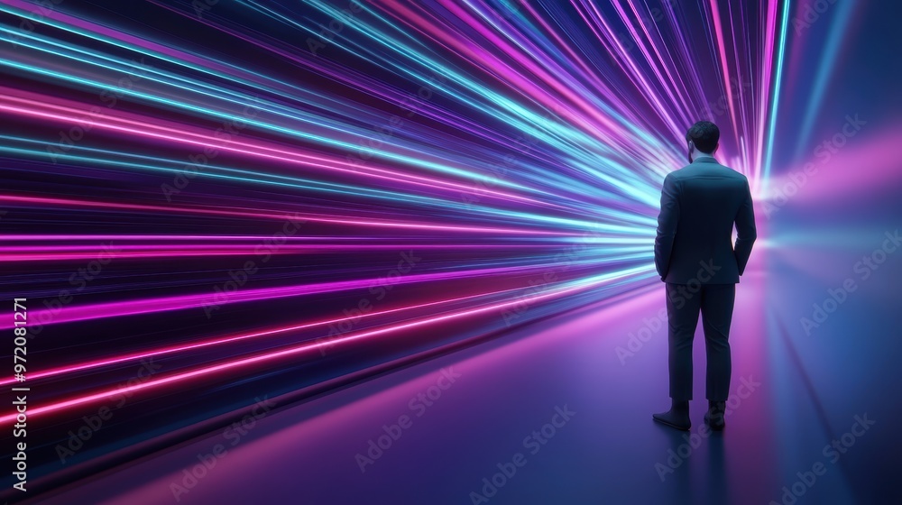 Futuristic concept of a man standing before a colorful corridor of neon lights extending into the distance. Futuristic concept of a man standing before a colorful corridor of neon lights extending into the distance.