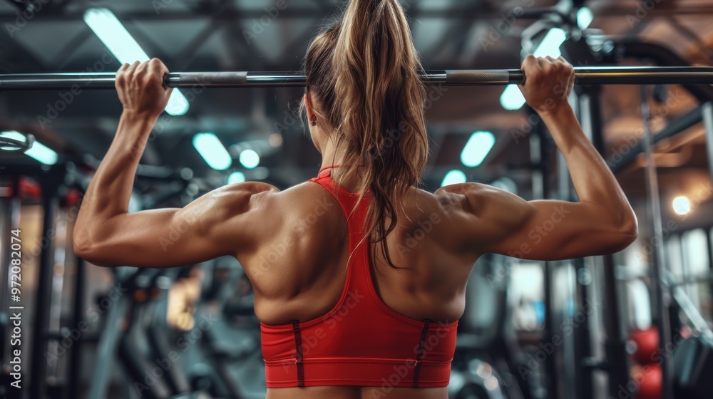 Naklejka premium Lat Pulldown Machine: A resistance machine where users pull a bar from overhead, targeting the latissimus dorsi and back muscles for strength training. 