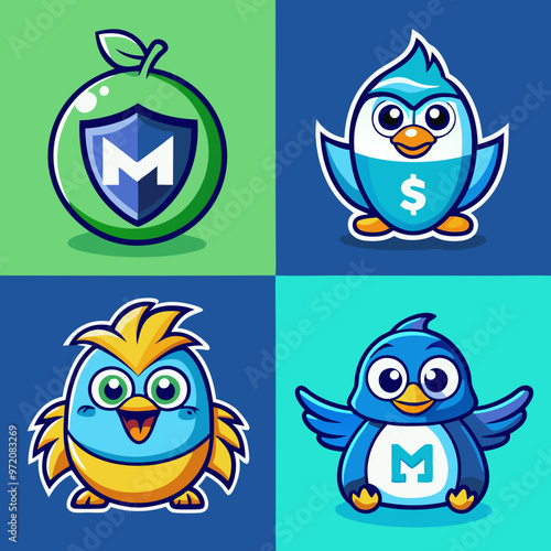 4 different cartoon-style logos for a blue bird mascot, a money bag logo, lettering with an M in the middle, a turquoise and green color scheme, a cute character design, a web3 game art style.