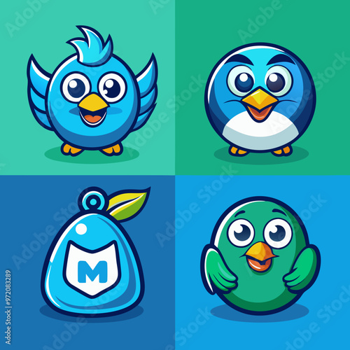 4 different cartoon-style logos for a blue bird mascot, a money bag logo, lettering with an M in the middle, a turquoise and green color scheme, a cute character design, a web3 game art style.