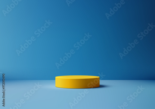 3D Vibrant Yellow Podium Against Calming Blue Background, Modern Product Display Mockup for Artwork Showcase, Abstract Design with Elegant