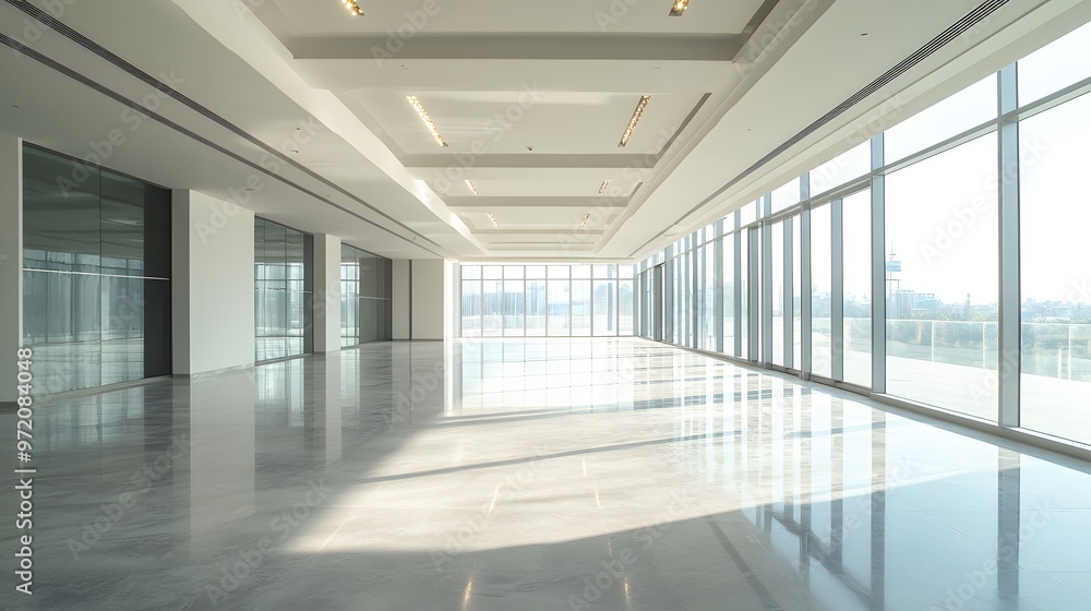 Empty Modern Office Hallway with Large Windows and Bright Lighting Empty Modern Office Hallway with Large Windows and Bright Lighting