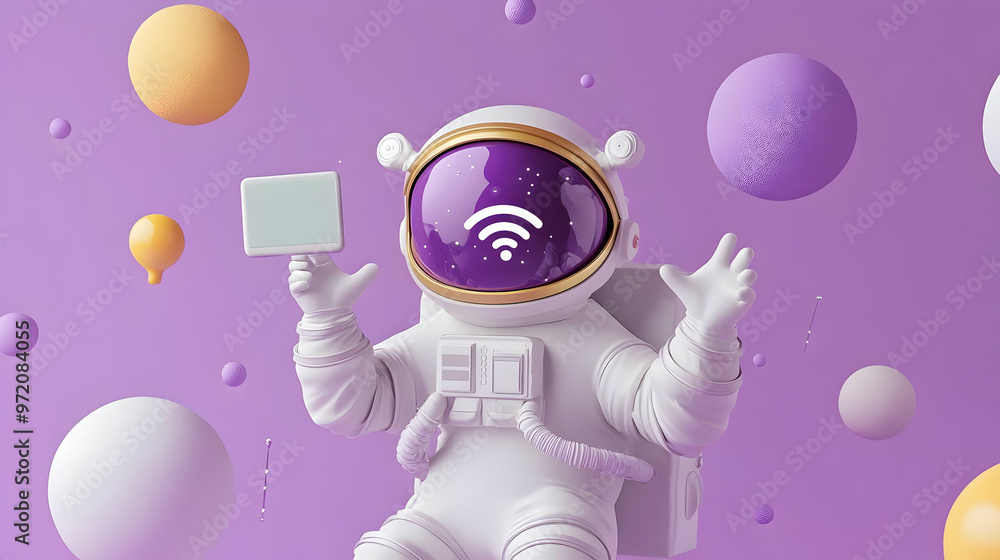 Fototapeta premium Astronaut with WiFi Symbol and Tablet in Space