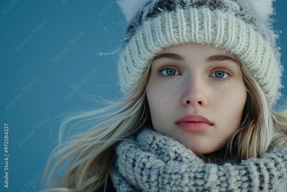 A blonde woman wearing a white hat and scarf stands in front of a blue wall, generative ai image A blonde woman wearing a white hat and scarf stands in front of a blue wall, generative ai image
