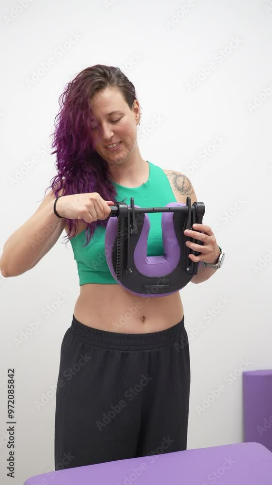 A woman with purple hair is holding a purple pillow A woman with purple hair is holding a purple pillow