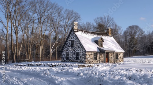 Old New England Style House with Stone and Shingle Walls, Snow-Covered Ground in Winter