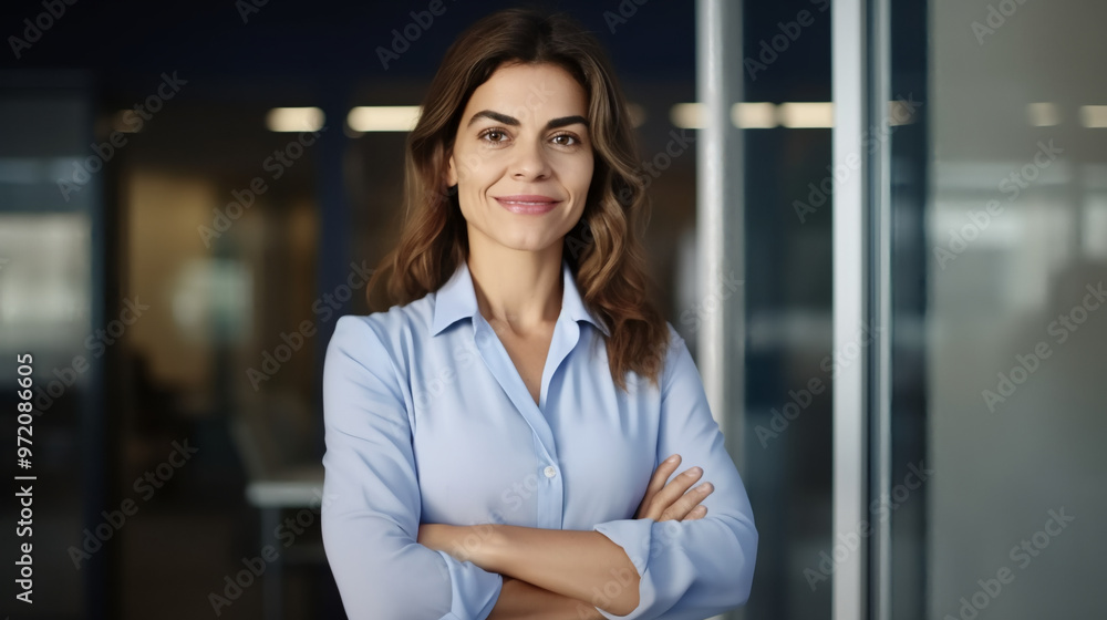 A portrait of an attractive and confident female business professional standing before a glass wall. A portrait of an attractive and confident female business professional standing before a glass wall.