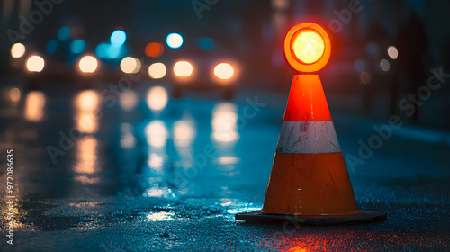 A traffic cone in low light with a reflective warning light on top, creating a safety-focused image