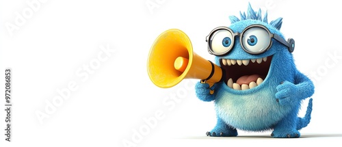 Pixarstyle monster with glasses and a smiley mouth, holding a yellow megaphone, cute and isolated with no background photo