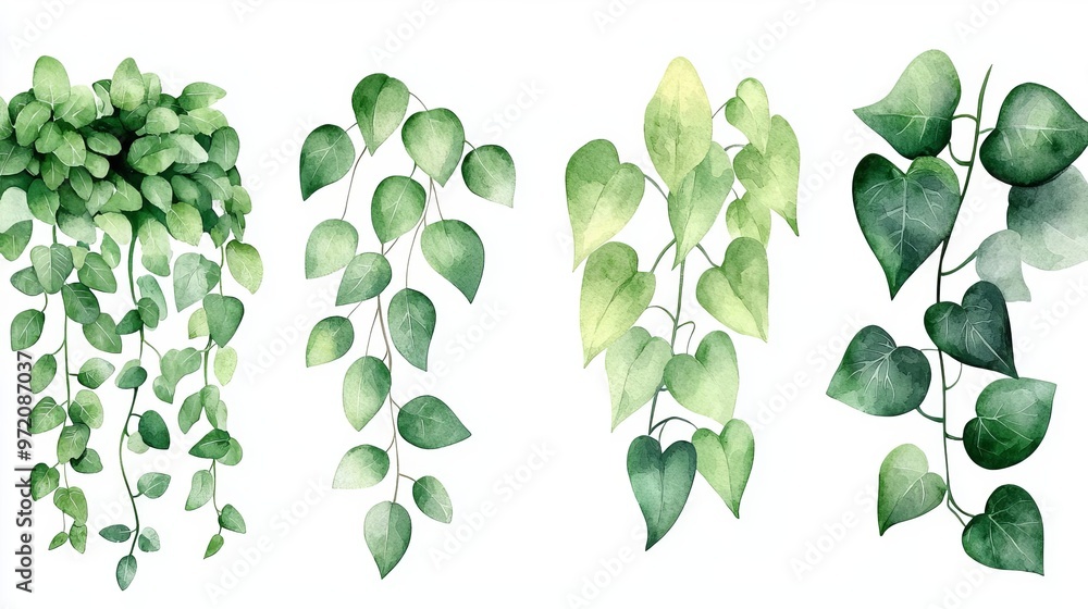 Beautiful watercolor illustration of green vines, showcasing various leaf shapes and shades, perfect for botanical designs. Beautiful watercolor illustration of green vines, showcasing various leaf shapes and shades, perfect for botanical designs.