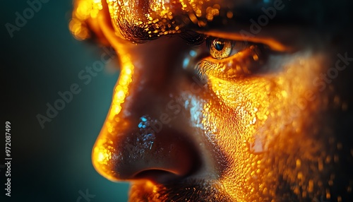 4K closeup of a man s face crying in TV light, sharp focus, Nikon D810 camera,  25 aperture, specific focal length photo