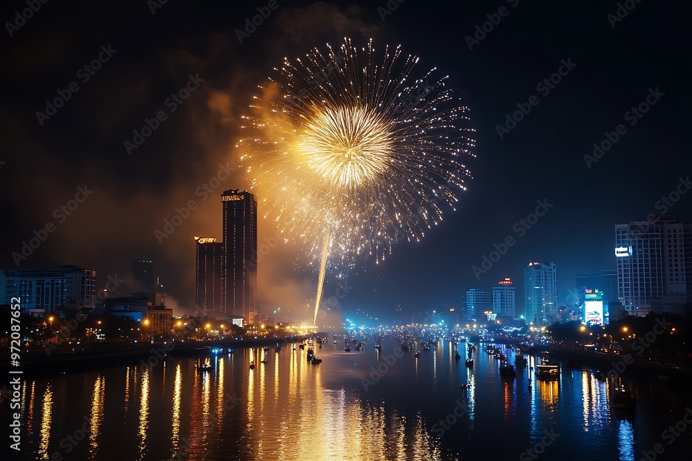 Fireworks Celebration with cityscape night light view of Chiang Mai at night in New Year time