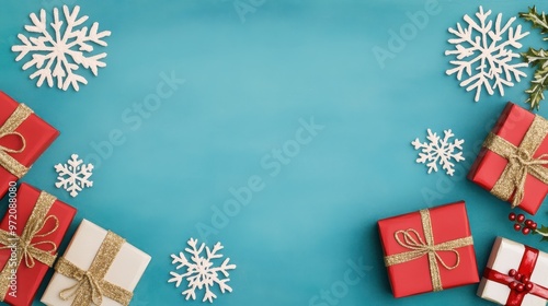 Colorful Christmas gifts with snowflakes on a blue background in watercolor style