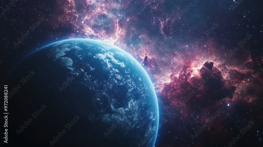 Fototapeta premium A blue planet with a red nebula in the background.