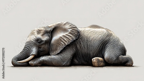 A peaceful elephant lies down on the ground, captured in a close-up shot showing its gentle and serene nature.