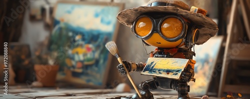 Cute baby robot in Van Gogh s hat, holding a brush and painting, dressed as Vincent Willem van Gogh, 3D realistic photo photo