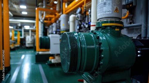 Industrial pump in a facility, showcasing engineering design and efficiency in a modern operational environment.