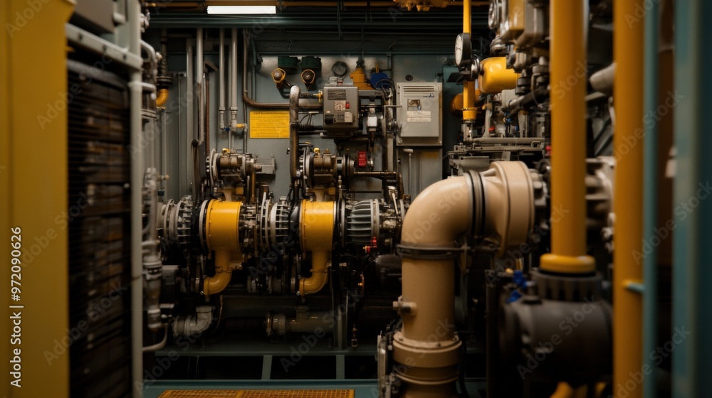 An industrial scene featuring complex machinery and piping systems, showcasing engineering and technological advancements. An industrial scene featuring complex machinery and piping systems, showcasing engineering and technological advancements.