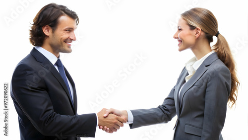 Two professionals in suits shaking hands, symbolizing a successful business deal or negotiation in a corporate setting."