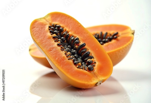 Half cut ripe papaya with seed on white background photo