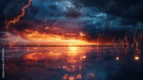 The abstract beauty of a lightning storm captivates. Dark clouds and rain enhance the scene's drama.