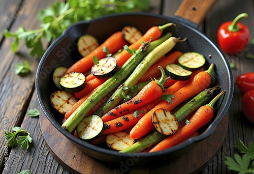 Tasty grilled vegetables on pan on dark background