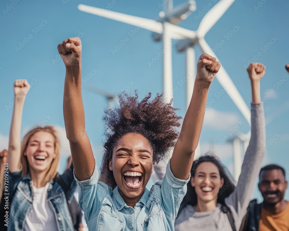 Diverse group of people cheering in front of a wind farm, celebrating green energy, ecomarketing theme Diverse group of people cheering in front of a wind farm, celebrating green energy, ecomarketing theme
