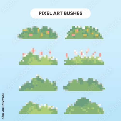 Set of pixel art green bushes