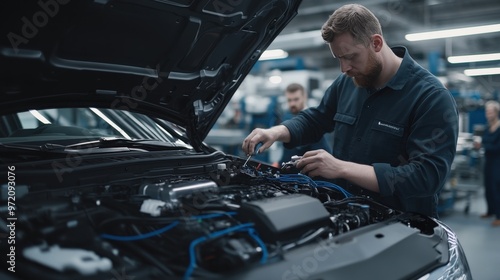 A mechanic inspects a car engine in a modern workshop, showcasing expertise and attention to detail in automobile maintenance.