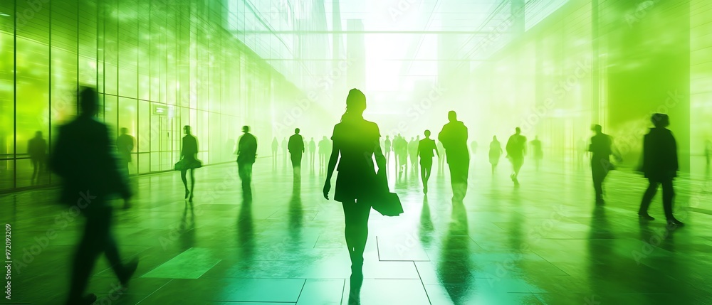 Generative AI scene, people walking in green office space, motion blur effect, futuristic environment concept Generative AI scene, people walking in green office space, motion blur effect, futuristic environment concept