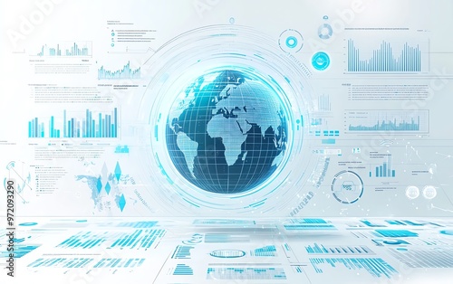 Global economic trends infographic, central globe, sleek graphs and data, light blue and white background, futuristic analytics style photo