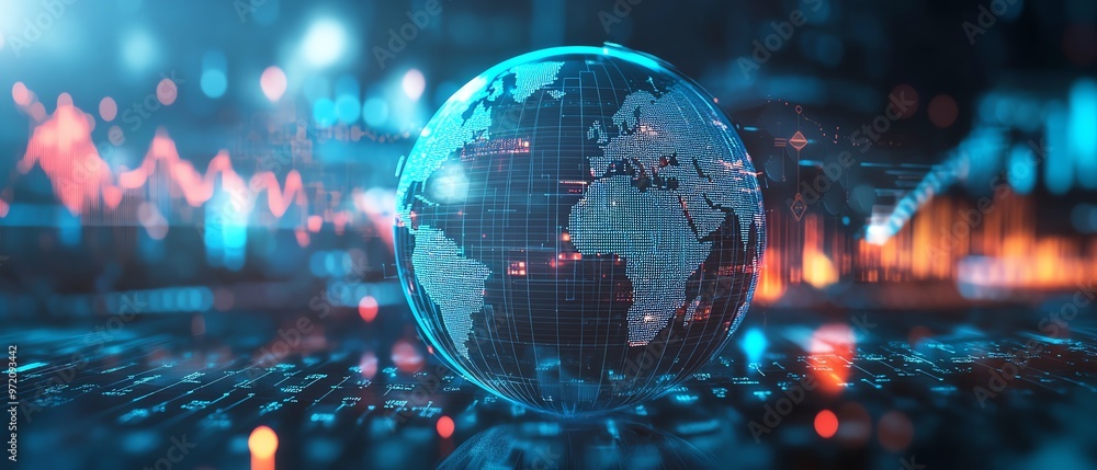 Global finance visualization, digital infographic with globe, charts and data points, light blue and white backdrop, analytics and trends focus Global finance visualization, digital infographic with globe, charts and data points, light blue and white backdrop, analytics and trends focus