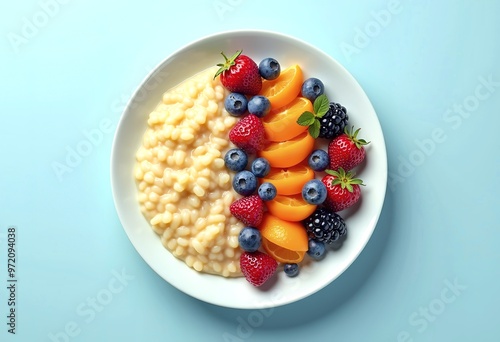 Tasty appetizing homemade porridge with fruits, honey and berries served on plate on pastel blue background photo