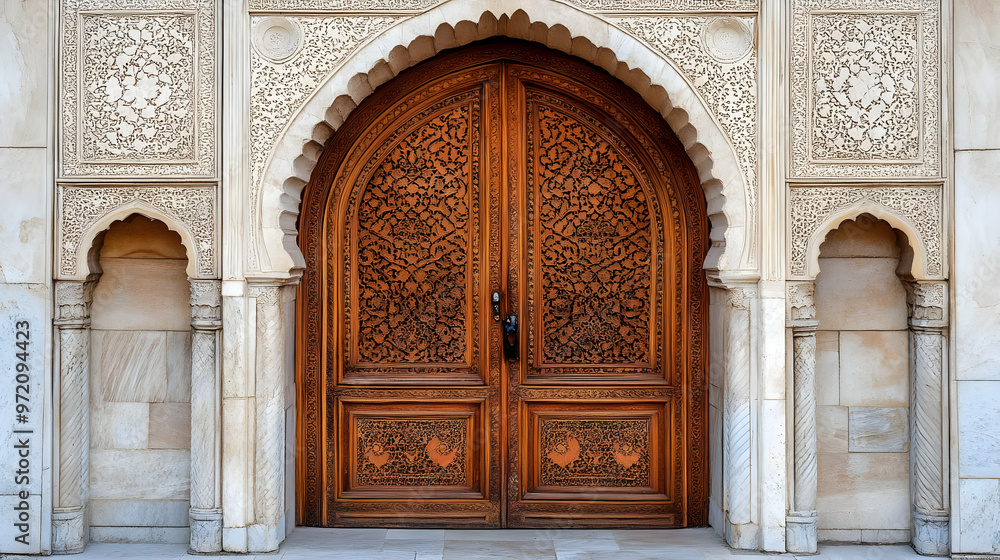 Ornate Carved Wooden Doors with Architectural Detail in Mosque Entrance Ornate Carved Wooden Doors with Architectural Detail in Mosque Entrance