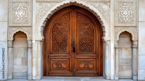 Ornate Carved Wooden Doors with Architectural Detail in Mosque Entrance