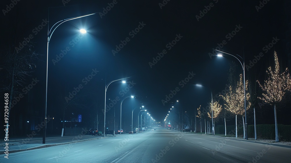 Roadside lights illuminating the way, creating a vibrant and well-lit scene along the street. The image captures the lights’ effect on the surrounding environment, enhancing visibility and atmosphere Roadside lights illuminating the way, creating a vibrant and well-lit scene along the street. The image captures the lights’ effect on the surrounding environment, enhancing visibility and atmosphere