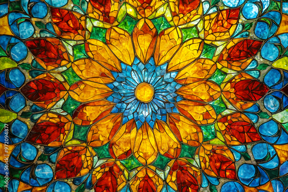 Colorful Stained Glass Window with Geometric Pattern Colorful Stained Glass Window with Geometric Pattern