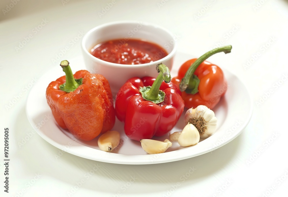 A plate with roasted red bell peppers, garlic cloves, and a bowl of red sauce or dip, likely a tomato-based sauce or salsa isolated on white background A plate with roasted red bell peppers, garlic cloves, and a bowl of red sauce or dip, likely a tomato-based sauce or salsa isolated on white background
