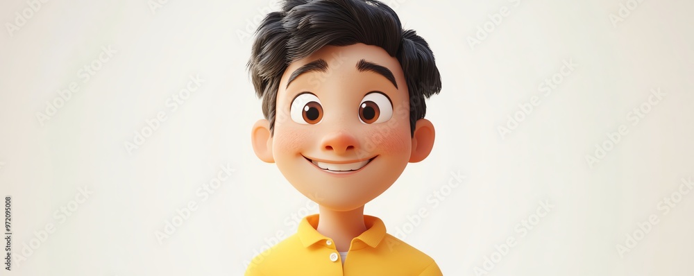 Cartoon character of a smiling young Asian man, dressed in yellow shirt, 3D design, light background, happy human feelings Cartoon character of a smiling young Asian man, dressed in yellow shirt, 3D design, light background, happy human feelings