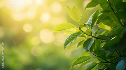 Green leaves of a plant against a blurred background of green and white light.