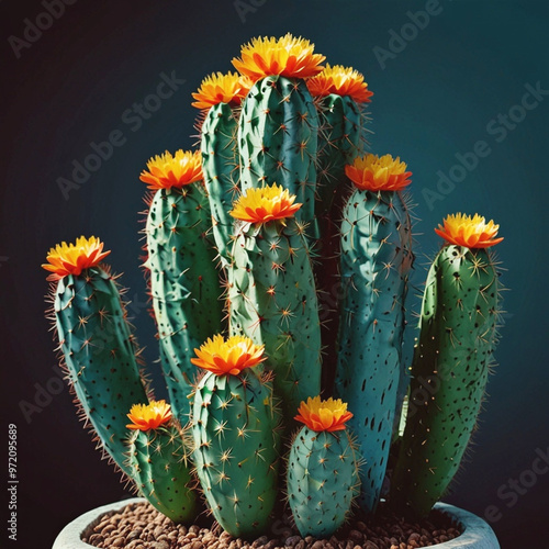 Lino Cut Print of Prickly Pear Cactus with Vibrant Flowers on Teal Desk