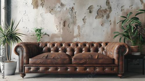 Old vintage interior with leather sofa 3D render. Generative Ai. photo