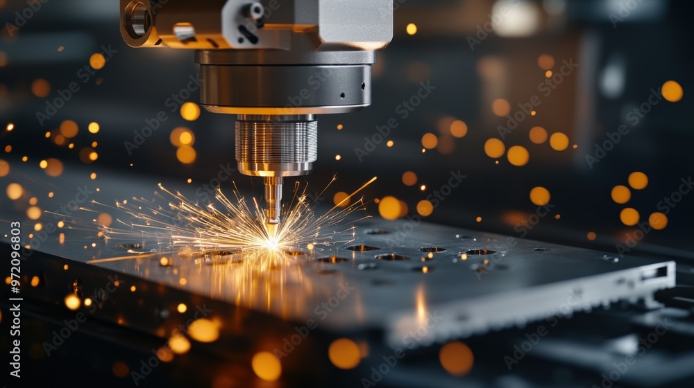 Close-up of a laser cutting machine in action, showcasing precision and sparks in a modern industrial setting. Close-up of a laser cutting machine in action, showcasing precision and sparks in a modern industrial setting.