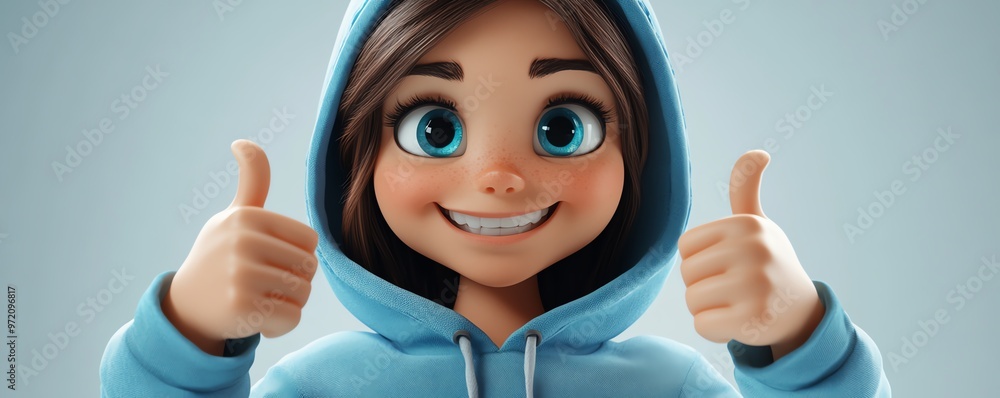 Smiling young woman cartoon character, thumbs up gesture, blue hoodie, 3D style, light background, human success concept Smiling young woman cartoon character, thumbs up gesture, blue hoodie, 3D style, light background, human success concept