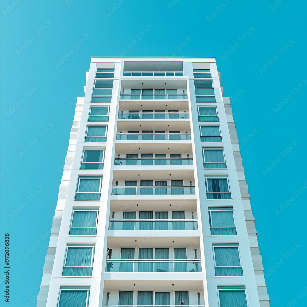 Modern White Building with Balconies Against Blue Sky Modern White Building with Balconies Against Blue Sky