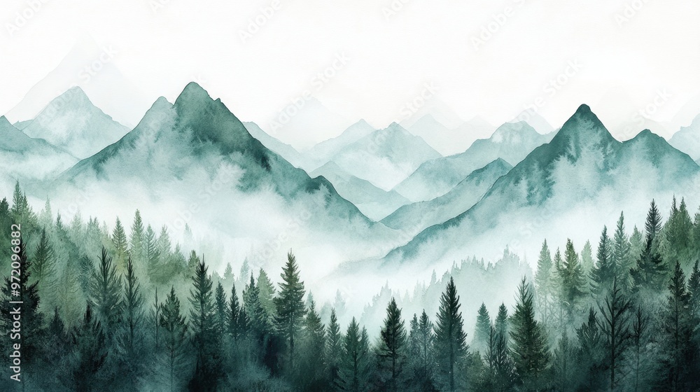 Fototapeta premium Watercolor of landscape forest misty mountains horizon and fog and hills,pine tree fir tree,Autumn forest background,drawn by hand,Autumn illustration design elements for landscape,wallpaper.