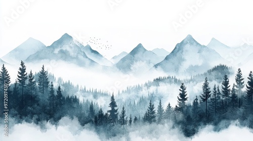 Watercolor of landscape forest misty mountains horizon and fog and hills,pine tree fir tree,Autumn forest background,drawn by hand,Autumn illustration design elements for landscape,wallpaper.
